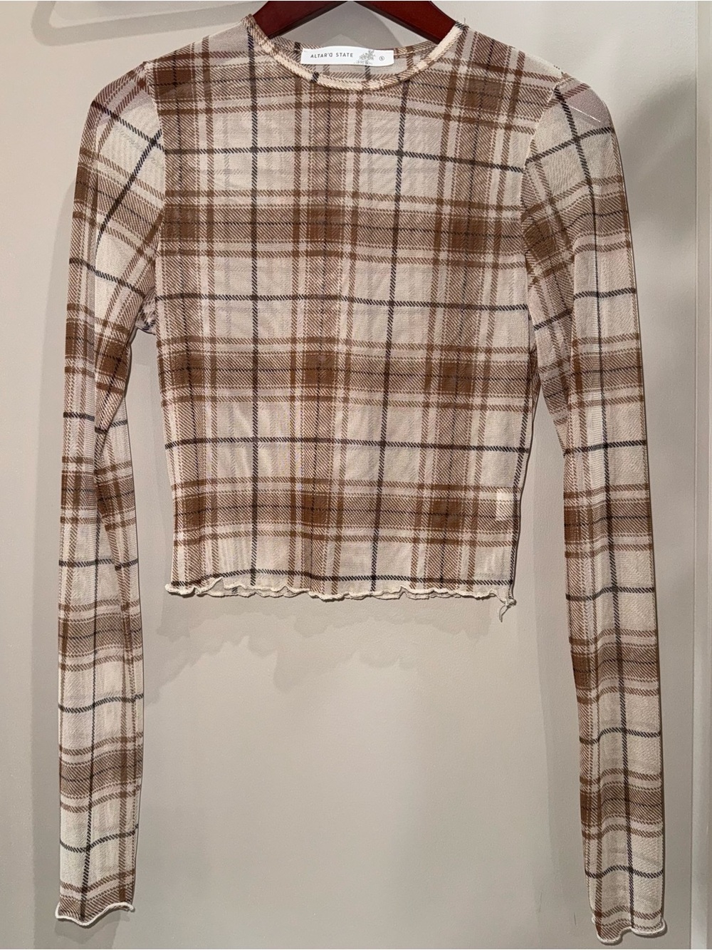Altar'd State Brown and Cream Plaid Lettuce-Hem Long Sleeve Top